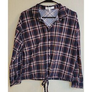 Eden & Olivia womens LS Medium button up plaid cropped maroon navy tie soft‎